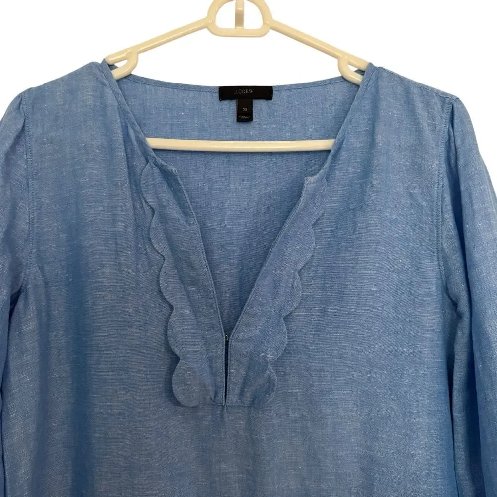 J. Crew Womens XS Scalloped Tunic in Vivid Waterfall Blue Linen Cotton Blend